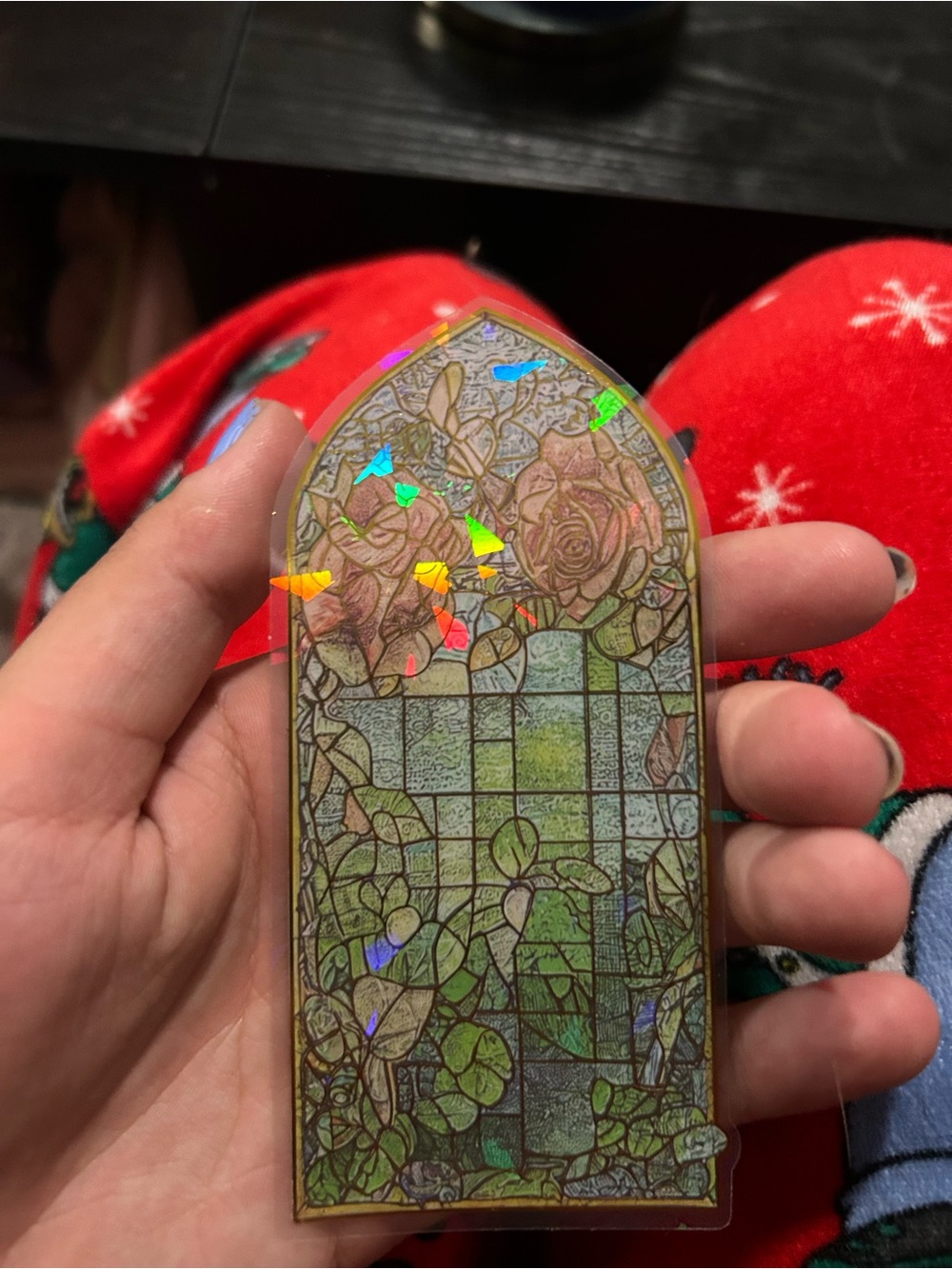Holographic Stained Glass Rose Sticker - Green & Gold Accents